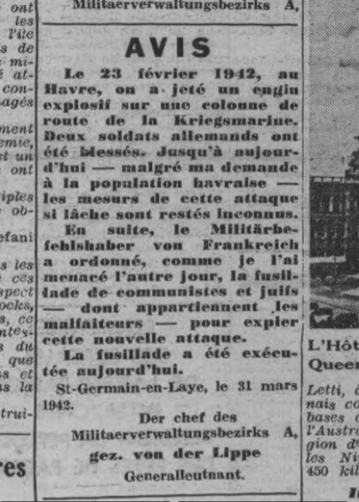 L’avis du Journal de Rouen indique que des Juifs et des communistes ont été fusillés suite à l’attaque d’une colonne de véhicules allemands.