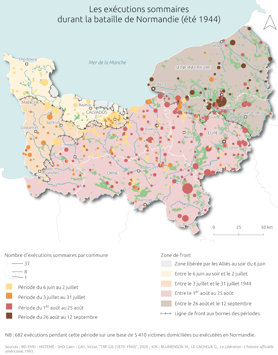 La carte des exécutions sommaires durant la bataille de Normandie à l’été 1944 distingue les périodes d’exécution, leur nombre, et classe les zones de front par date de libération.